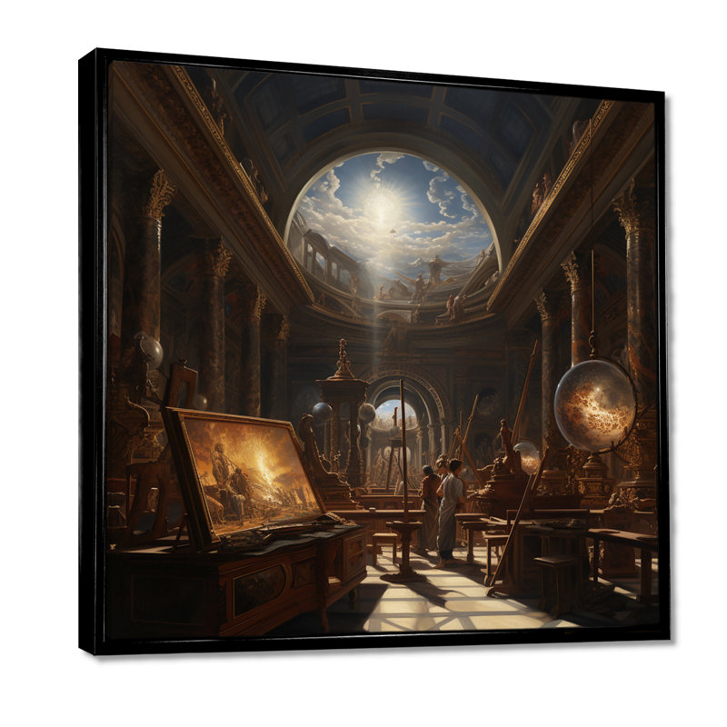 Divine lumière de la sagesse, bibliothèque antique, Toile avec cadre flottant noir, H 16 po x l 16 po x P 1 po