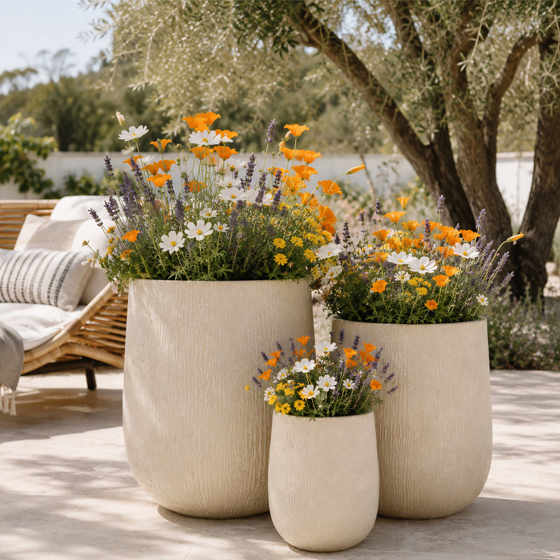 Ensemble de 3 pots à fleurs en forme d'œuf MGO, pots de fleurs d'aspect pierre avec trou de drainage pour patio et jardin