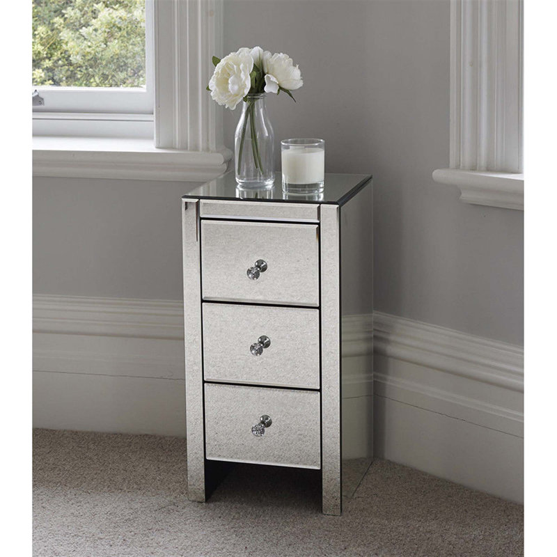 Mirrored Glass Bedside Table With Three Drawers
