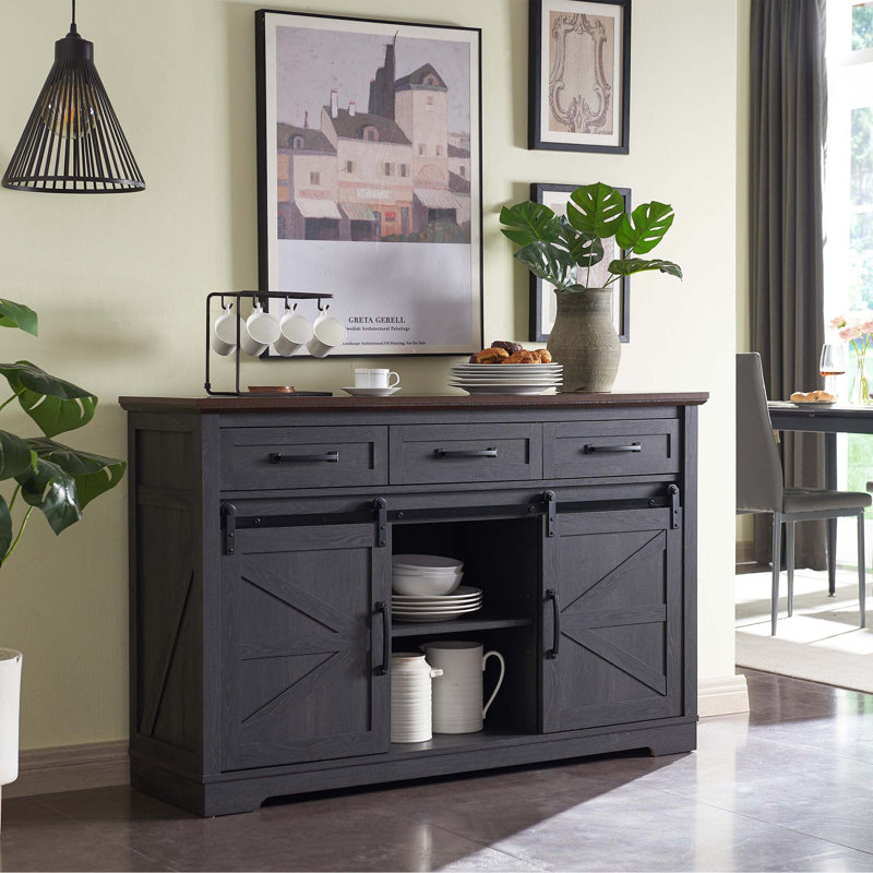 Gracie Oaks Jaretsy Farmhouse Buffet Cabinet, 53.5” Sideboard Cabinet with 3 Drawers, Coffee Bar for Dining