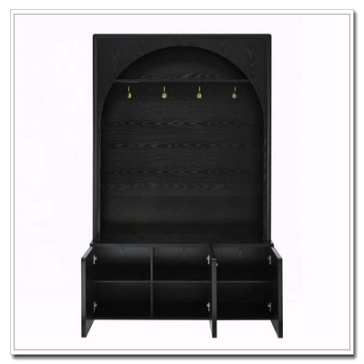 All-in-One Hall Tree with Adjustable Shelves, Retro Arched Entryway Storage Bench with 3 Cabinets