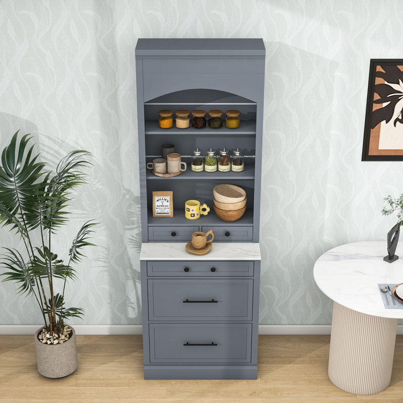 Freestanding Tall Kitchen Pantry with Storage Drawers and Adjustable Shelves, Black, Grey