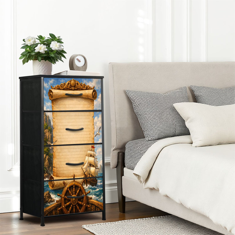 Commode 4 tiroirs pour chambre à coucher, commode étroite, plateau en bois et structure en fer 18 po x 37,5 po (lxH)