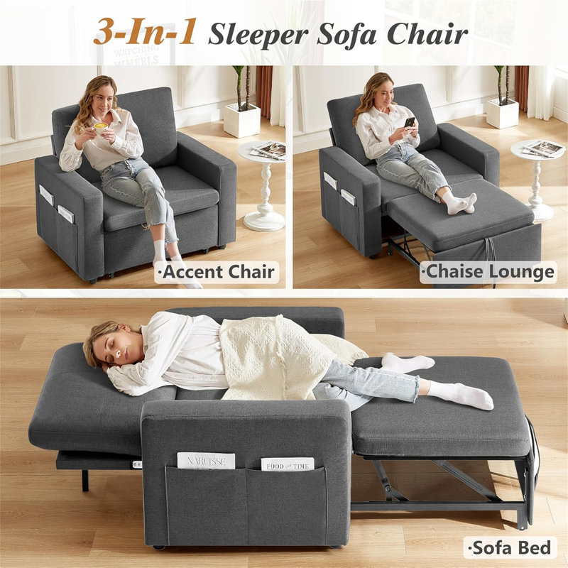 Ebern Designs 3-In-1  42.5" W Convertible Sleeper Chair With Pull Out Bed And Side Pockets., Gray