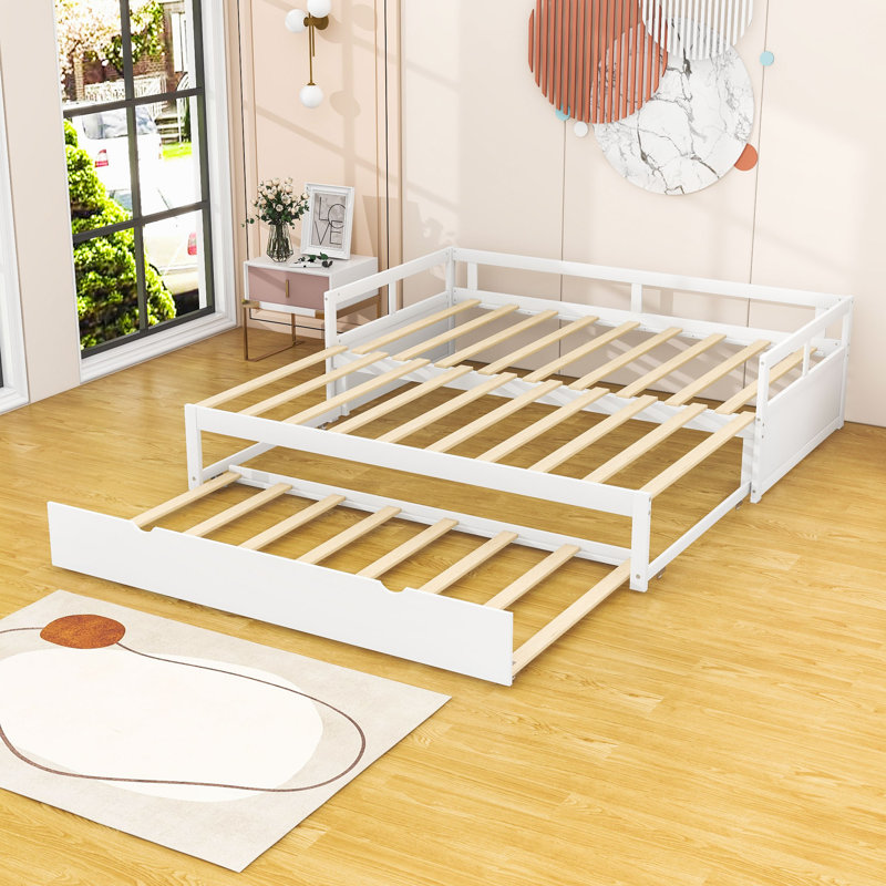 Twin-to-King Wood Daybed with Pull-Out Twin Trundle and Strong Frame, White