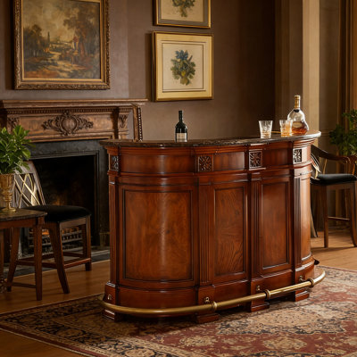 68.9" Vintage American Hand-Carved Home Bar - Solid Wood Construction, Marble Top, with Wine Storage, Brushed Copper Footrest, Cherry Finis