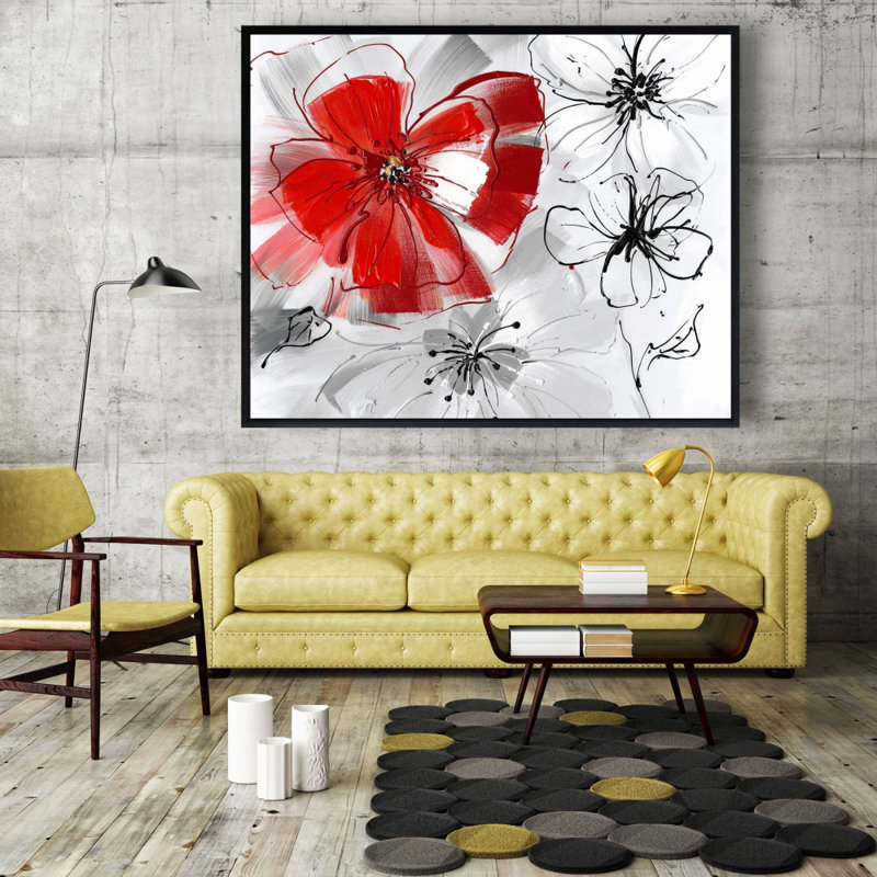 Red And Gray Flowers Print On Canvas, H 48 po x l 60 po