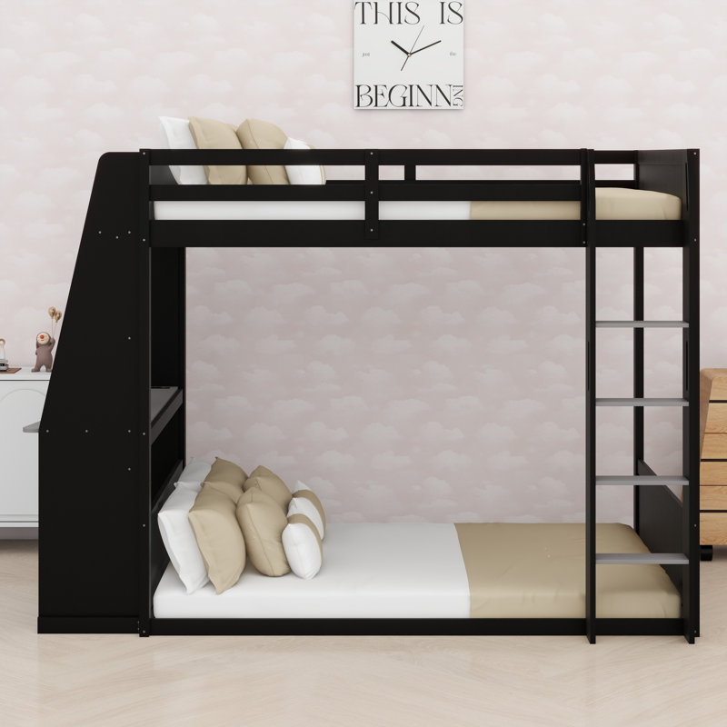Cadre de lit superposé en bois avec bureau pour adolescent, tablettes de rangement, lumières USB et DEL, noir + gris