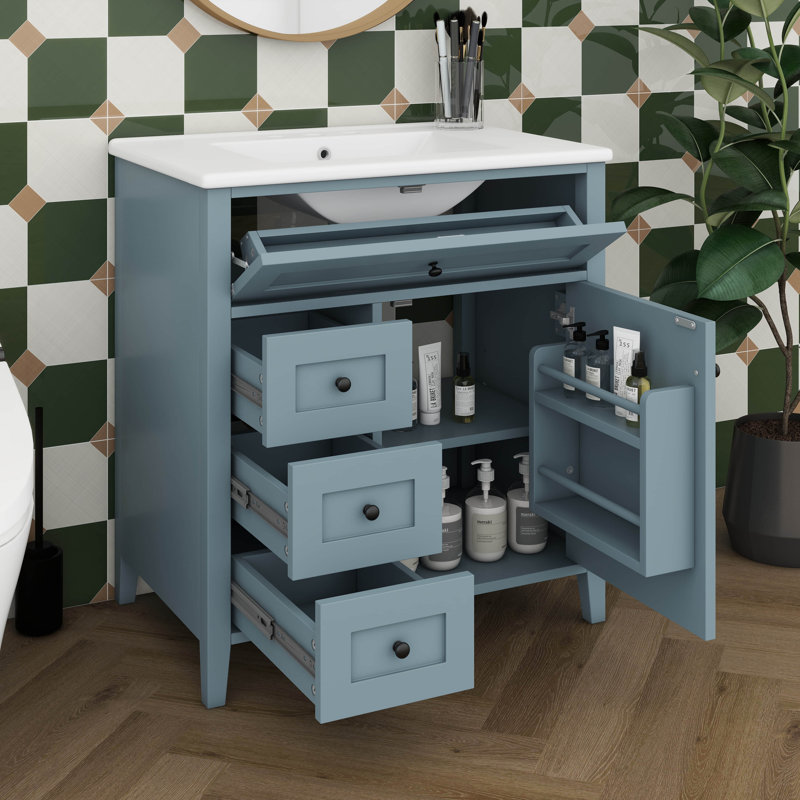 Meuble-lavabo de 30 pouces avec lavabo, armoire de salle de bain avec 3 tiroirs et tiroir basculant, rangement pour porte et tablette réglable