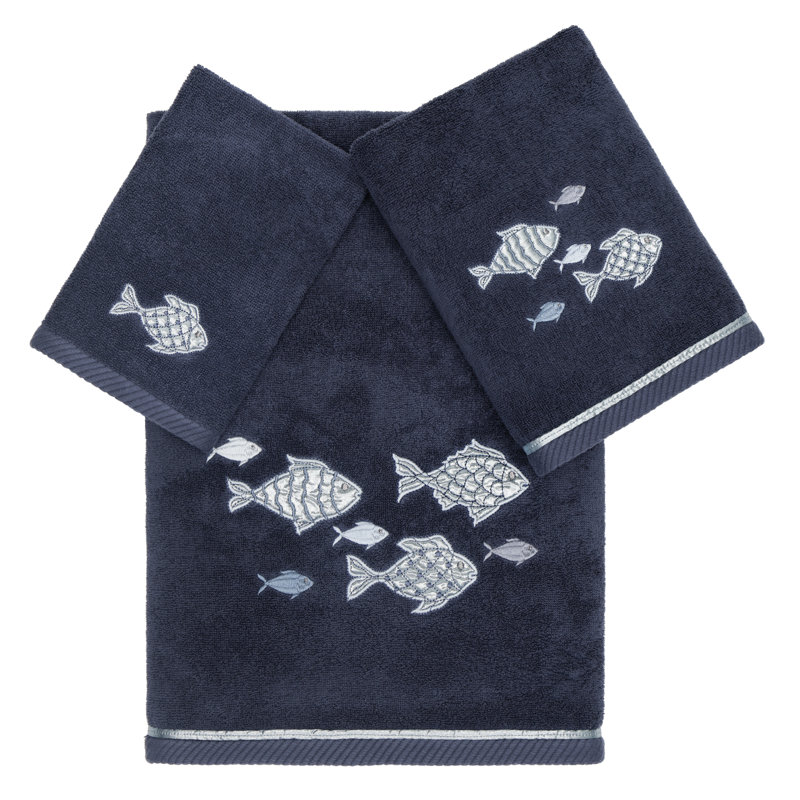 FIGI 3PC Embellished Towel Set 3 Piece Turkish Cotton Towel Set, Marine