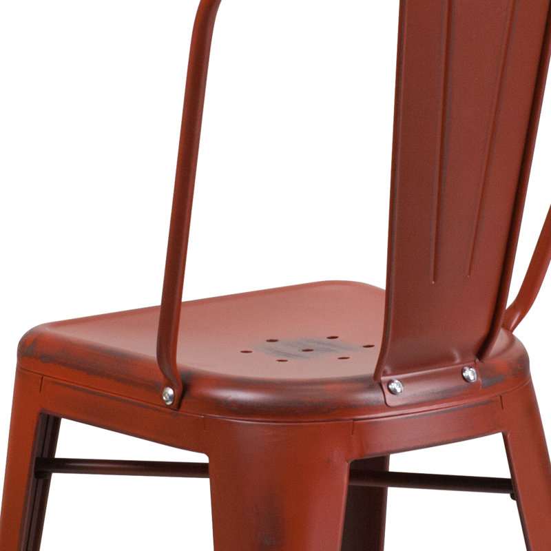 Commercial Grade Distressed Metal Indoor-Outdoor Counter Height Stool with Back, Kelly Red, Counter Stool (24" Seat Height)