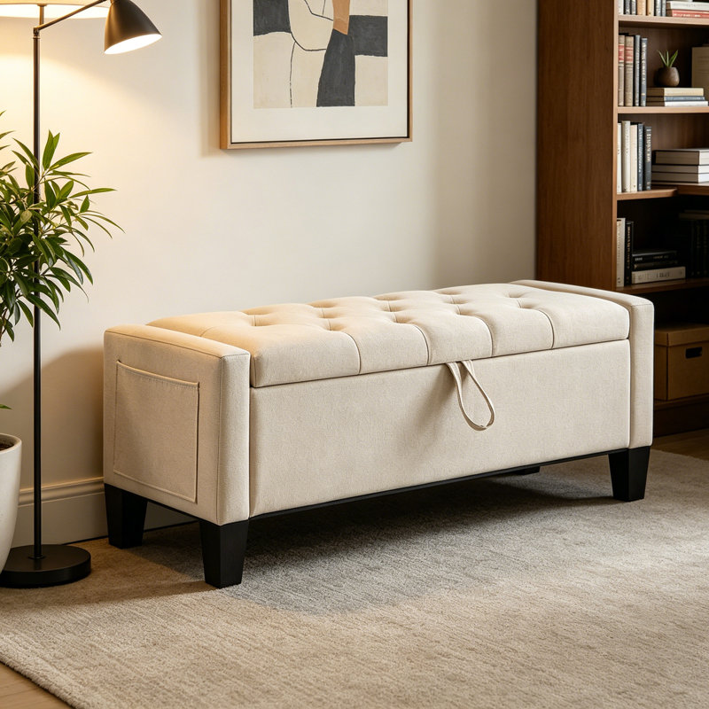 Banc de rangement rembourré en lin, Beige