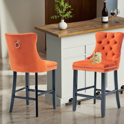 Contemporary Velvet Barstools With Button Tufted Nailhead Trim(Set of 2)