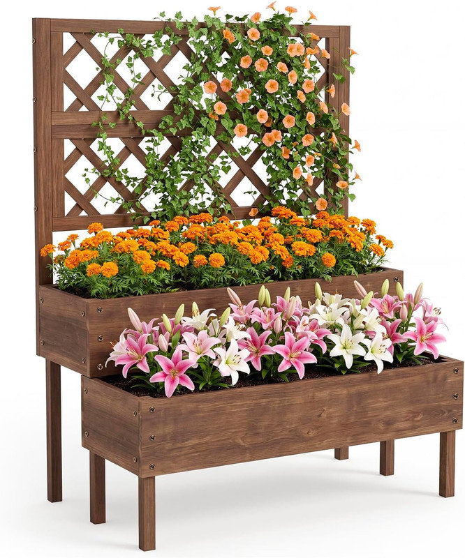 52.95" Tall 2-Tier Raised Garden Bed with Trellis, Elevated Wood Planter Box with Legs, Drainage Holes for Backyard, Patio, Balcony, Brown