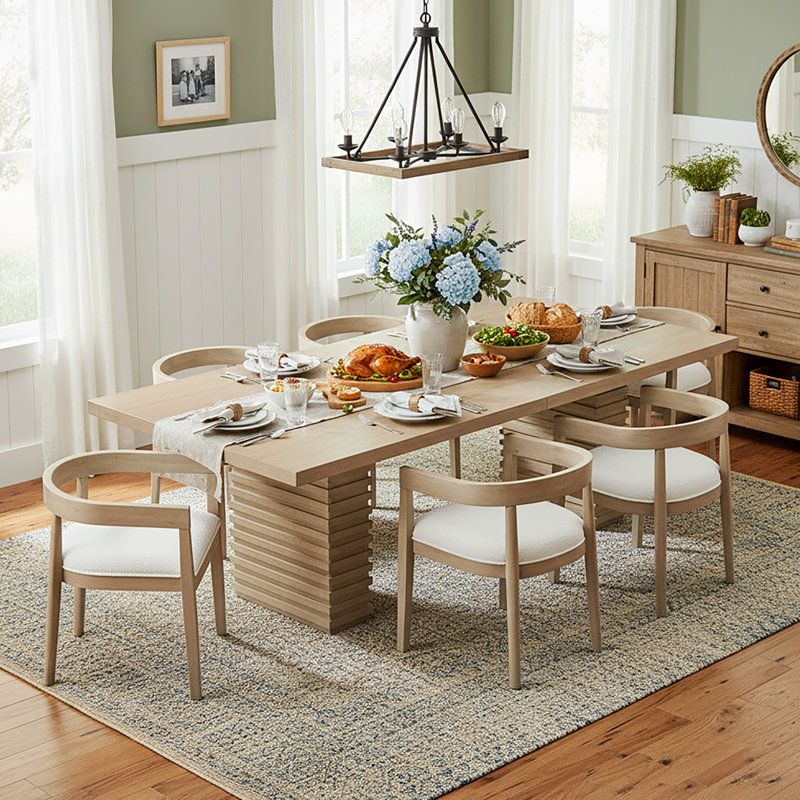Ellport Mid-Century Modern 7-Piece Dining Set With 95-Inch Double Pedestal Table And Upholstered Arm Chairs, Light Ash