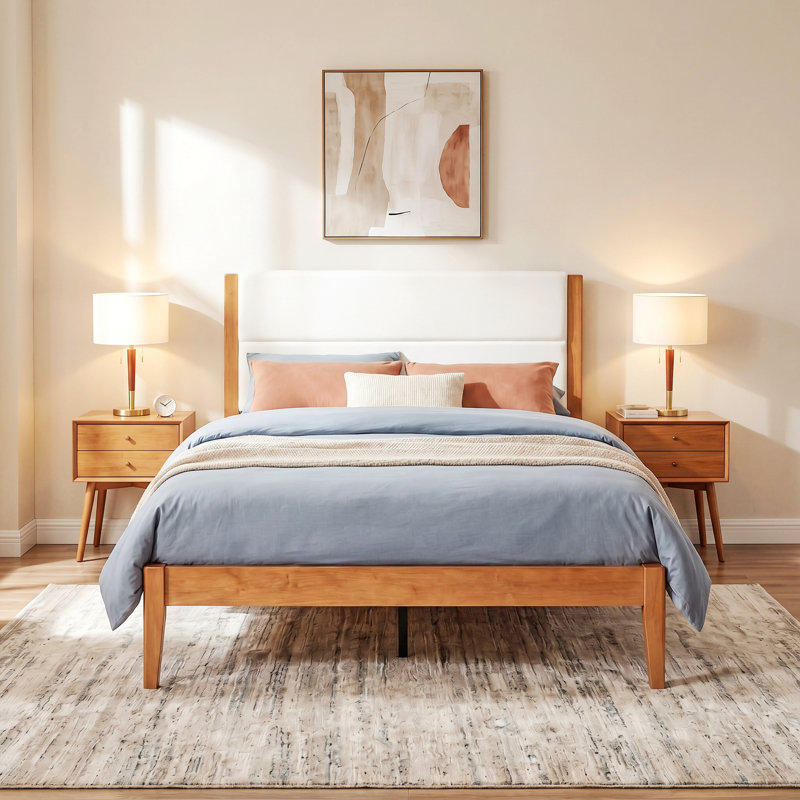 Cadre de lit plateforme avec tête de lit rembourrée, sommier à lattes en bois massif, cadre de lit plateforme pour chambre d'amis
