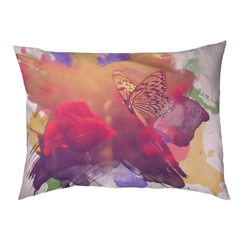 Coussin d’extérieur pour chien papillon et rose aquarelle Wedgeworth, Grand (H 14 po x l 42,5 po x P 32,5 po), Rouge