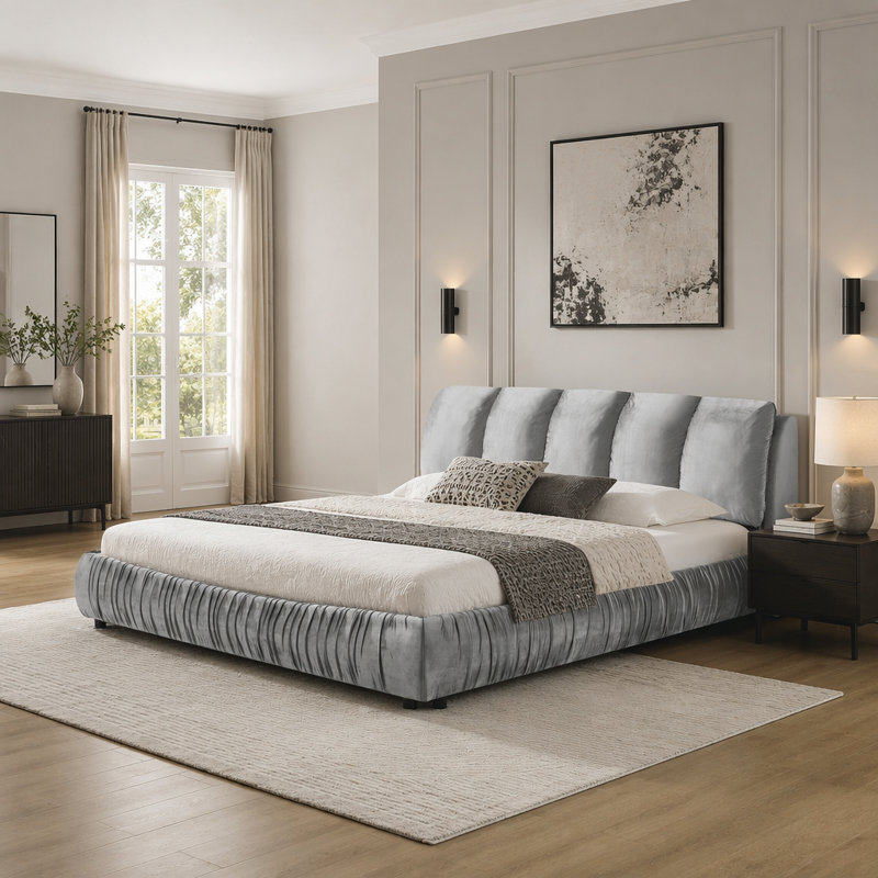 Structure de lit tapissier très grand, style minimaliste moderne avec tête de lit éponge compressée dodue, velours brillant et repose-pieds robuste