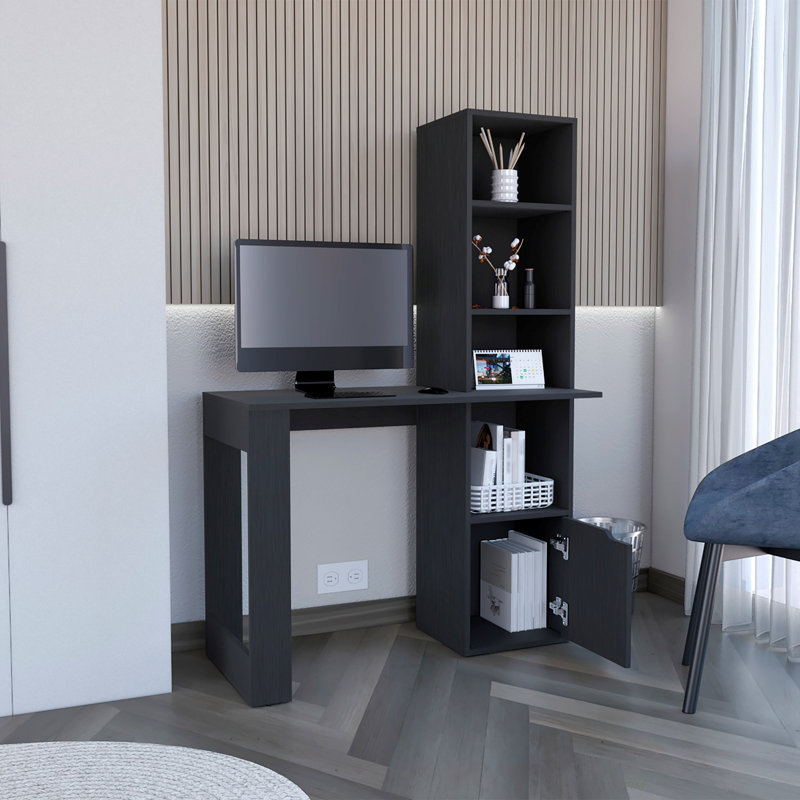 Bureau d'ordinateur avec armoire à une porte et tablette à 4 niveaux Bicknell (bureau), Noir