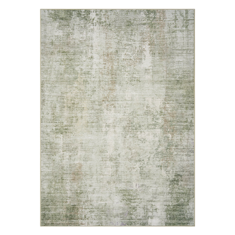 Distressed Modern Abstract Machine Washable Area Rug in Sage Green for Living Room or Bedroom, Rectangle 5' x 7'