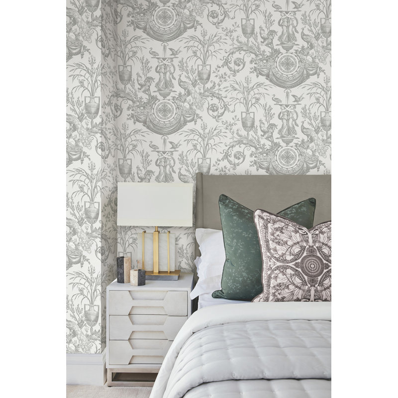 Avian Fountain Toile Wallpaper Roll, Gray