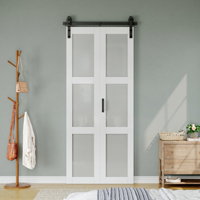 84"H 3-Lite  Manufactured Wood and Glass Paneled Bifold Barn Door with Installation Hardware