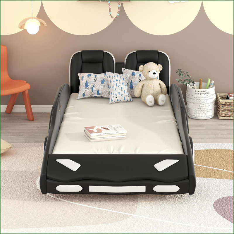 Structure de lit plateforme simple en bois de pin avec roues, sans sommier, design de voiture de course noire