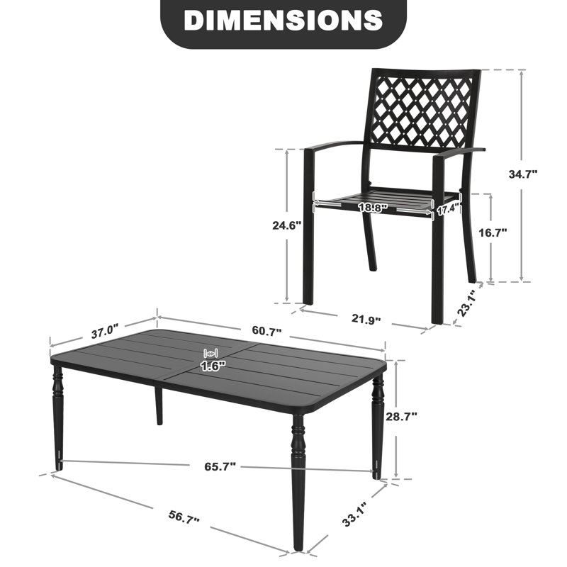 Ensemble de salle à manger de patio en métal avec 6 chaises empilables et trou pour parasol, noir, Noir, noir, noir, noir