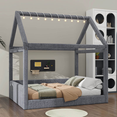Lit de jour pleine grandeur recouvert de tissu avec bandes lumineuses à DEL