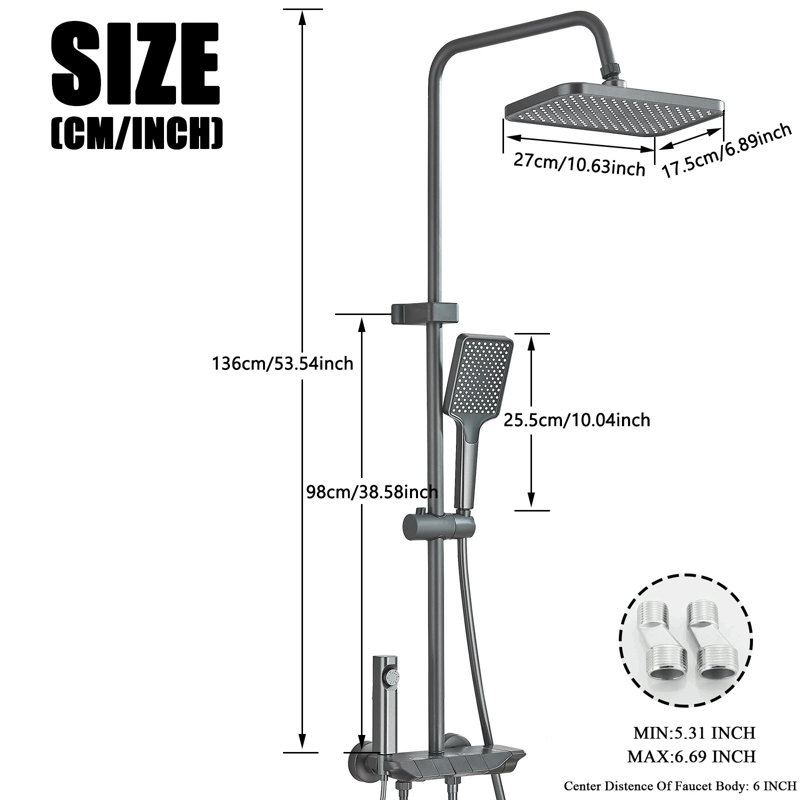Grey Shower Faucet System Exposed Rainfall Shower Fixtures set with Hand Shower