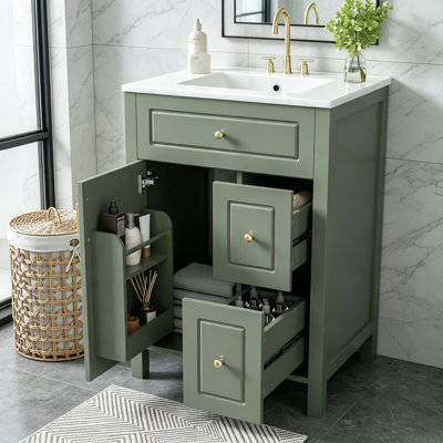 Meuble-lavabo de 24 pouces avec lavabo en céramique, mécanismes à fermeture douce et grand espace de rangement pour les petits espaces