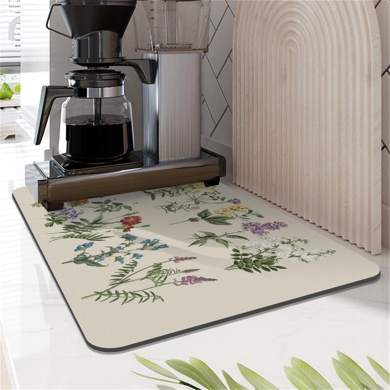 Tapis de séchage de vaisselle pour comptoir de cuisine, tapis de bar à café absorbant 12 po x 20 po avec herbes de fleurs de sauge rétro, tapis de support pour égouttoir à vaisselle