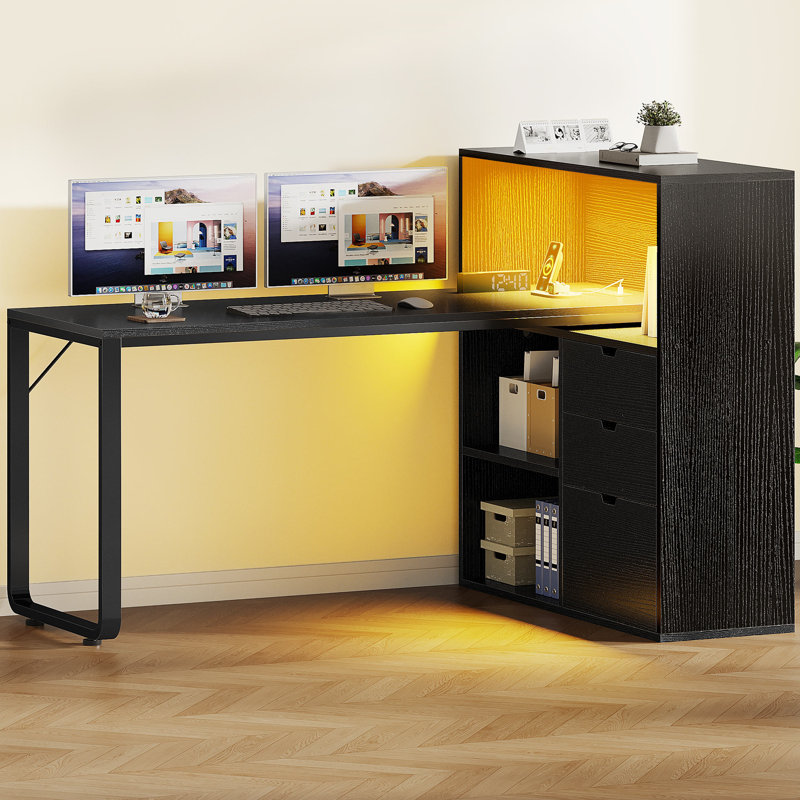 Broly 55.1'' L-Shape Computer Desk with Colorful LED Light and Built-In Outlets, Black
