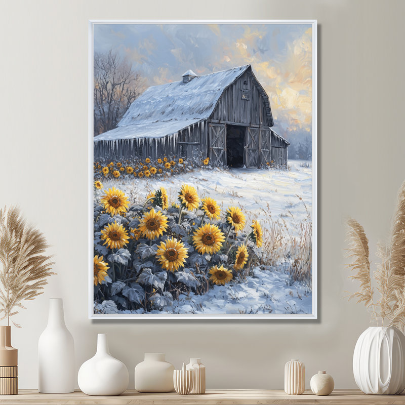 Dondrell Winter Sunflowers by The Ice Covered Barn I - Art mural tournesols, H 44 po x l 34 po, Blanc