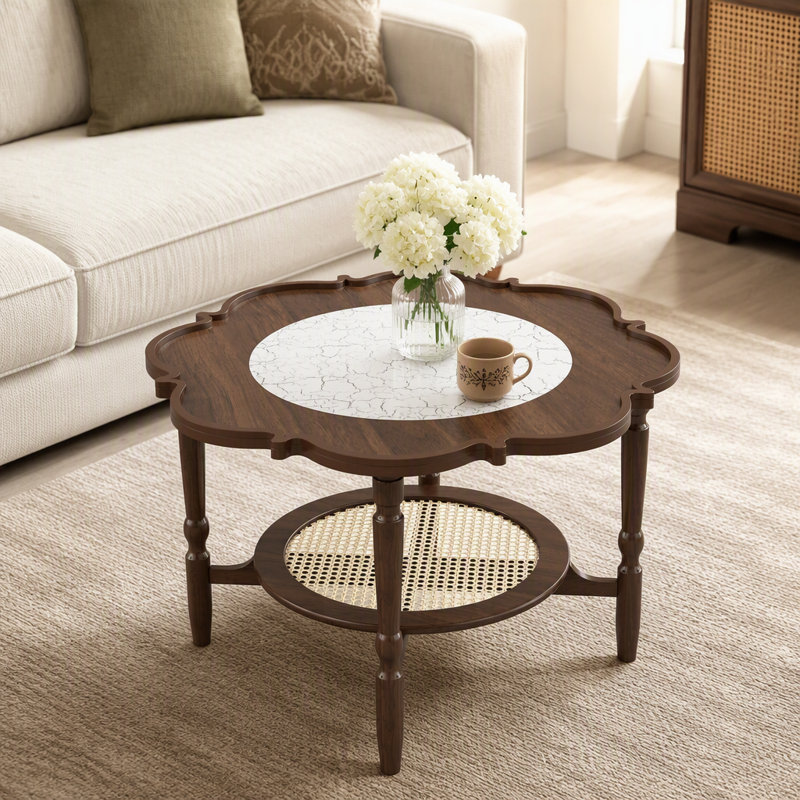 Table basse de style milieu du siècle avec plateau en verre blanc craquelé en forme de pétale, table basse à deux niveaux avec rotin, 80 cm