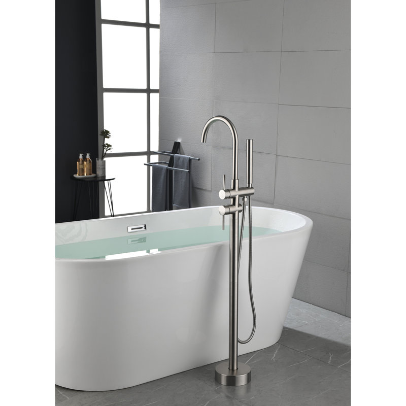 Robinet de baignoire autoportant à fixation au sol à haut débit avec pomme de douche à main et bec pivotant