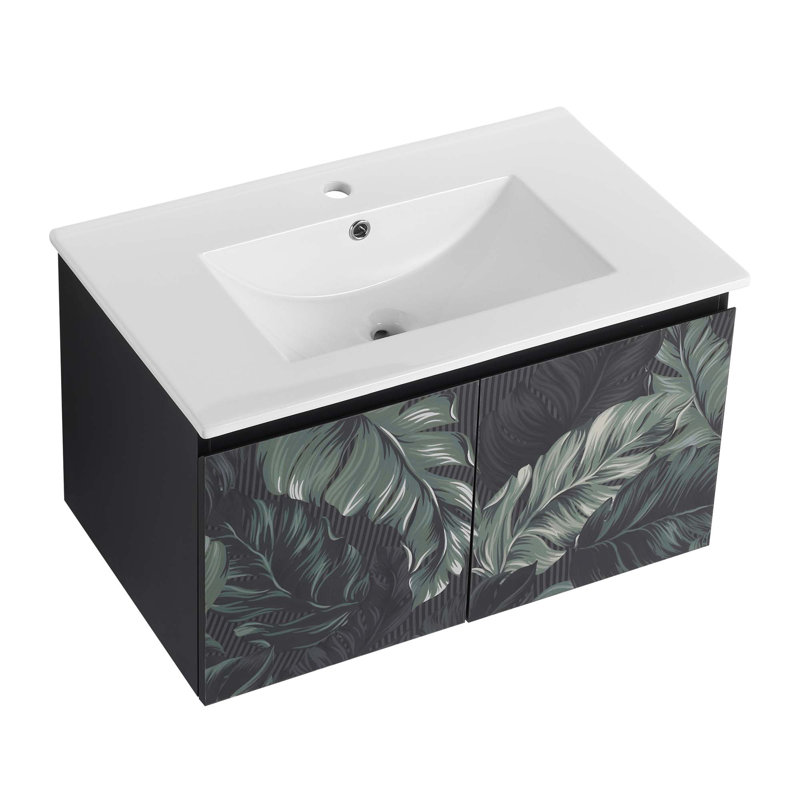 Meuble-lavabo flottant mural avec lavabo en céramique et porte d'armoire à fermeture en douceur