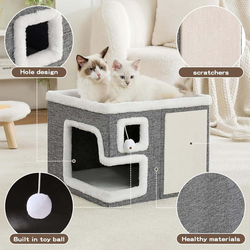 Cages à chat pour chats d'intérieur, lit-grotte couvert avec patin à griffes et boule pelucheuse, maisonnette pliable pour chat pour grands chats (gris, grand)