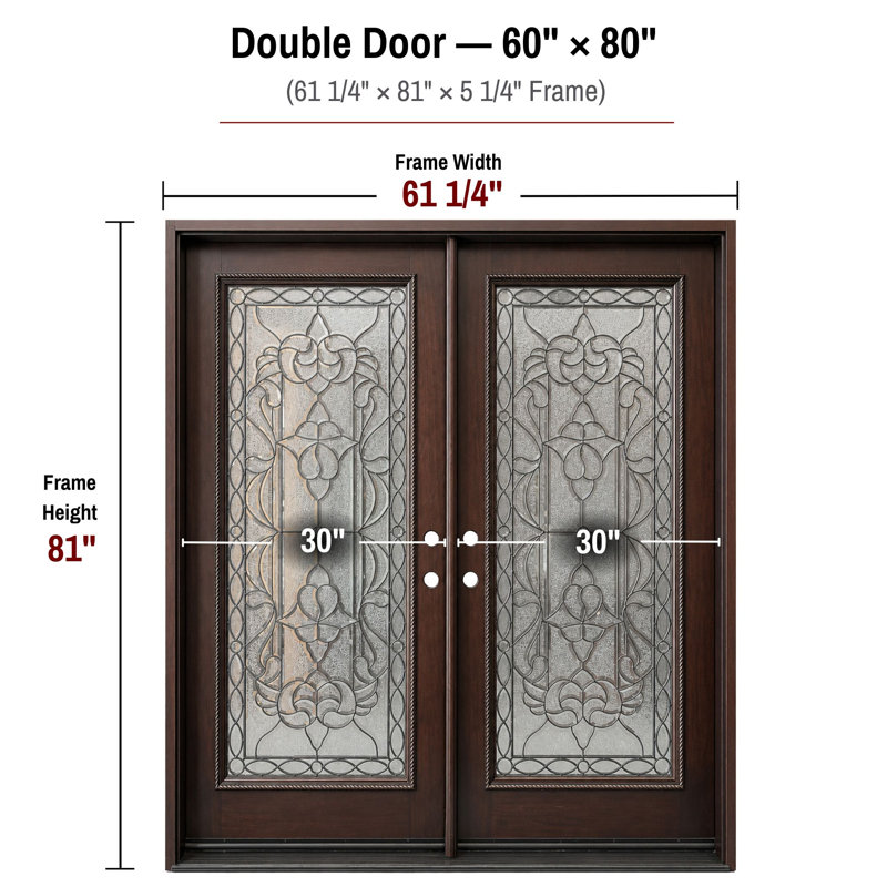Porte d'entrée extérieure pré-montée en acajou prête à installer pour l'extérieur, Gauche, H 80 po x l 60 po x P 1,75 po
