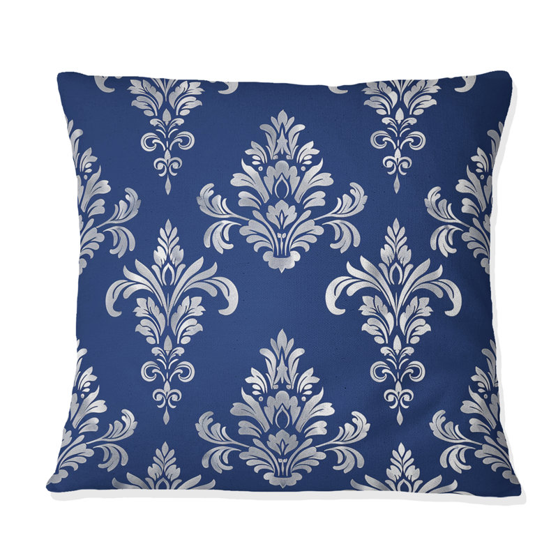 «Blue Whitetimeless Damask Art II» - Coussin décoratif transitionnel, H 16 po x l 16 po