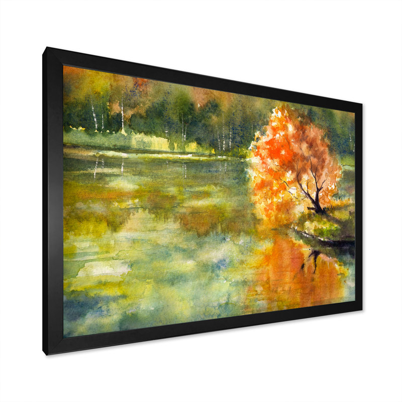 «Autumn Lake and Orange Leaves II», peinture sur toile encadrée, H 16 po x l 32 po x P 1,5 po, Cadre photo noir
