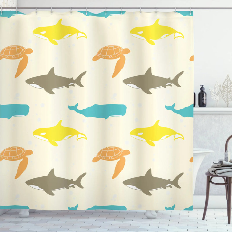 Ensemble de rideau de douche et crochets sea animaux, H 70 po x l 69 po