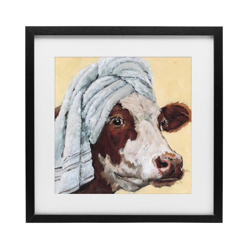 «Cow Spa» avec serviette encadrée sous verre, design par Studio Bautista, Cadre noir minuit sous verre, H 16 po x l 16 po