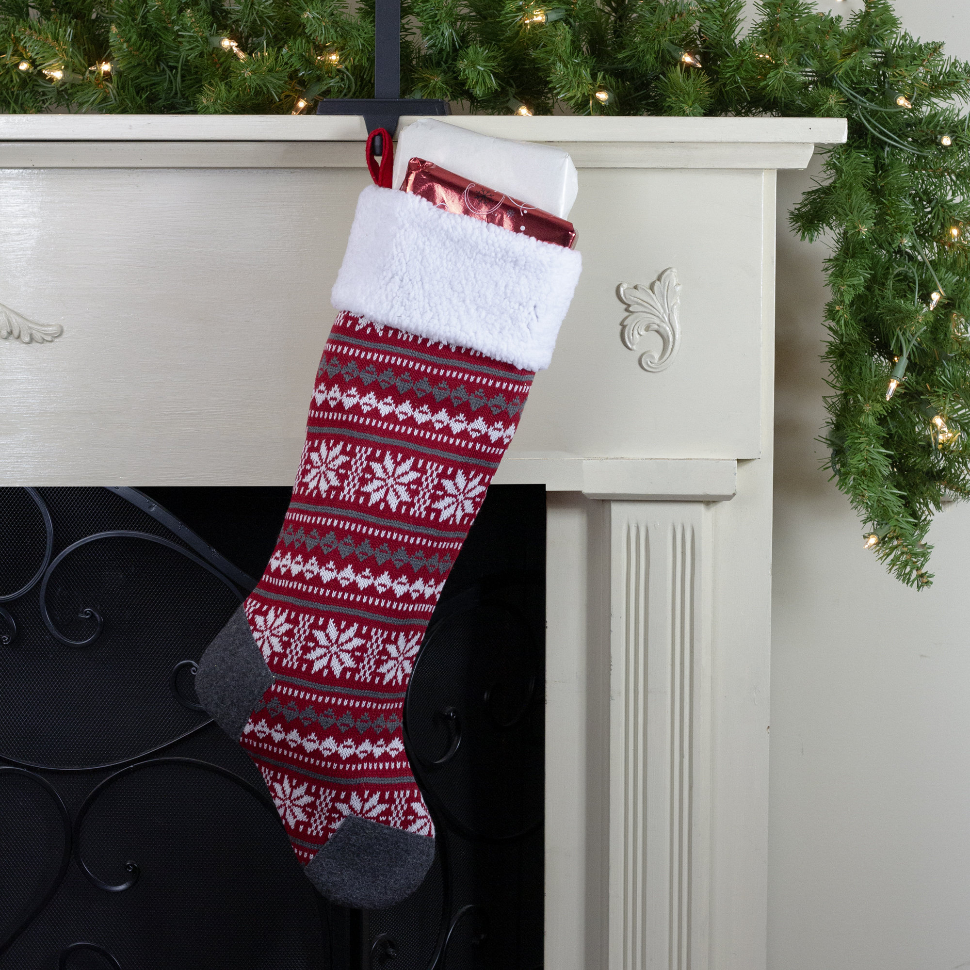 23" Red Gray and White Knit Christmas Stocking with Sherpa Cuff