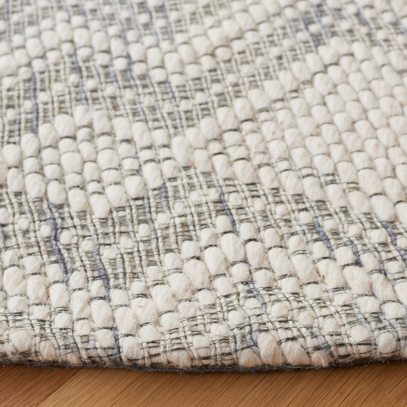 Tapis géométrique en laine / polyester tissé à la main Manya en blanc / gris, Rond 6 pi
