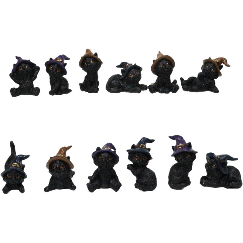 Ensemble de 12 mini figurines d'Halloween chats noirs avec chapeaux de sorcière en poses multiples
