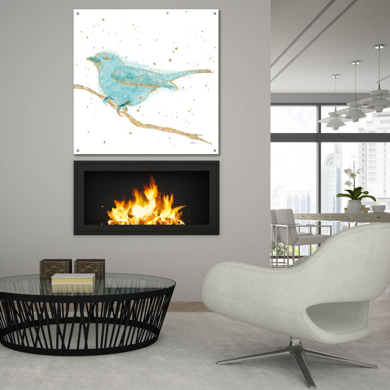 Art mural en verre Gilded Bird 1 Teal »par Shirley Novak, H 36 po x l 36 po x P 0,2 po