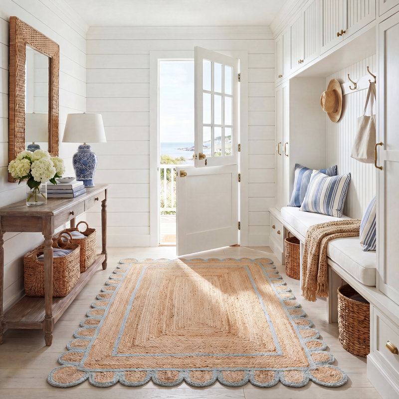 Tapis d'intérieur en jute tissé à la main Natural Fiber, Rectangulaire 8 pi x 10 pi, Beige / bleu clair