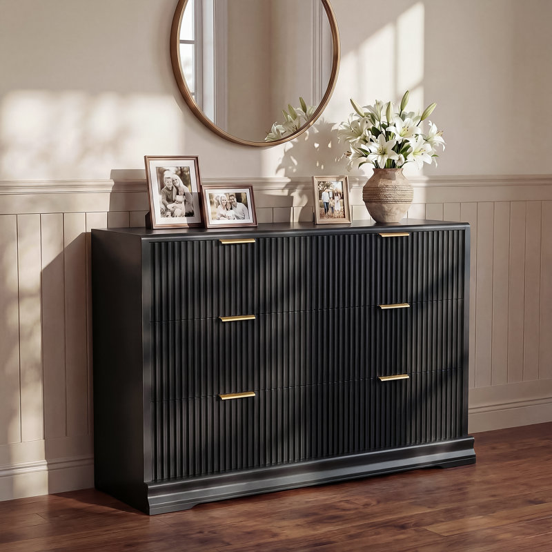 Fluted 6-Drawer Dresser with Solid Wood Base, Black