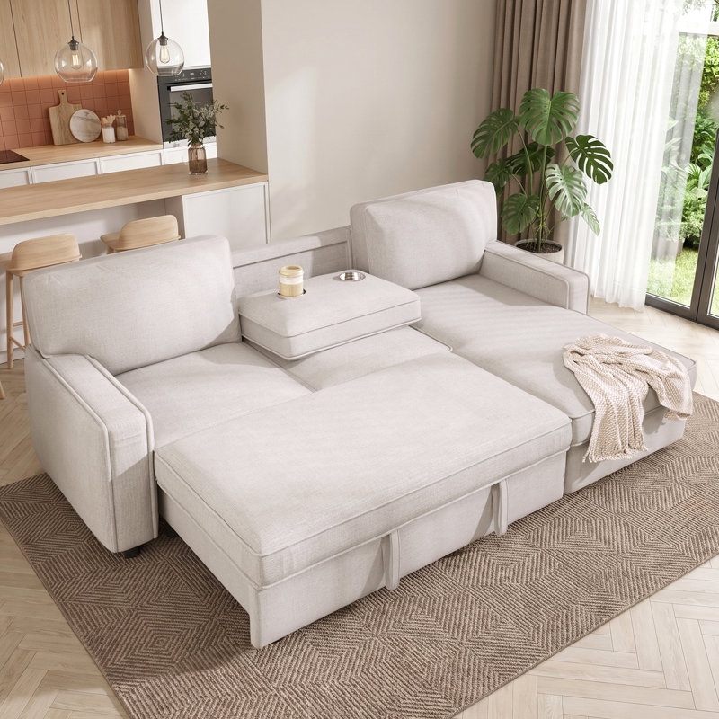 Canapé-lit modulaire rembourré en chenille avec méridienne réversible avec rangement réversible, ports USB et porte-gobelets